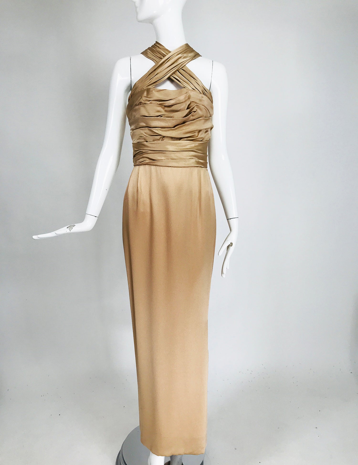 GOLD SATIN EVENING GOWN, c. 1940 Plisse satin, high W, cross over V neck  bodice, deep V back w/ covered butto… | Vintage evening gowns, Satin  evening gown, Fashion
