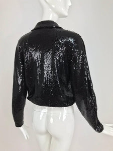 SOLD  Halston black sequin zip front cropped jacket, 1970s