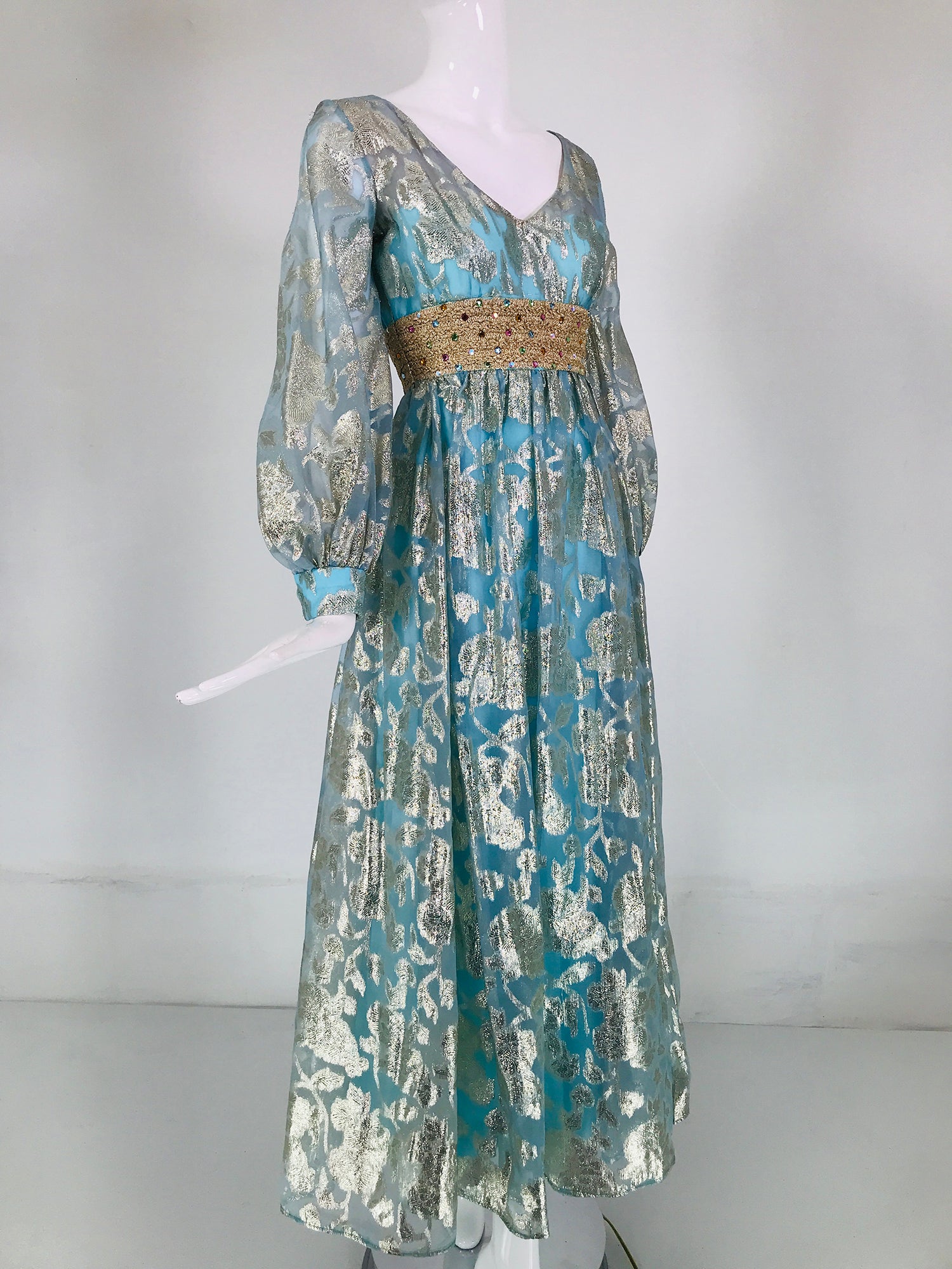1970s Silver Blue Metallic Jewel Waist Maxi Dress Palm Beach Vintage 1970s Silver Blue Metallic Jewel Waist Maxi Dress Palm Beach Vintage