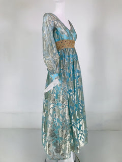 1970s Silver Blue Metallic Jewel Waist Maxi Dress  Palm Beach Vintage