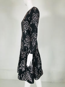 Oscar de la Renta Black & Pink Sequin Encrusted Roses Evening Dress