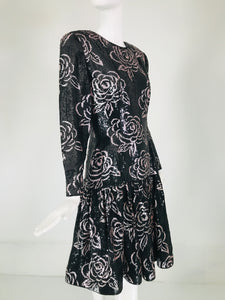 Oscar de la Renta Black & Pink Sequin Encrusted Roses Evening Dress