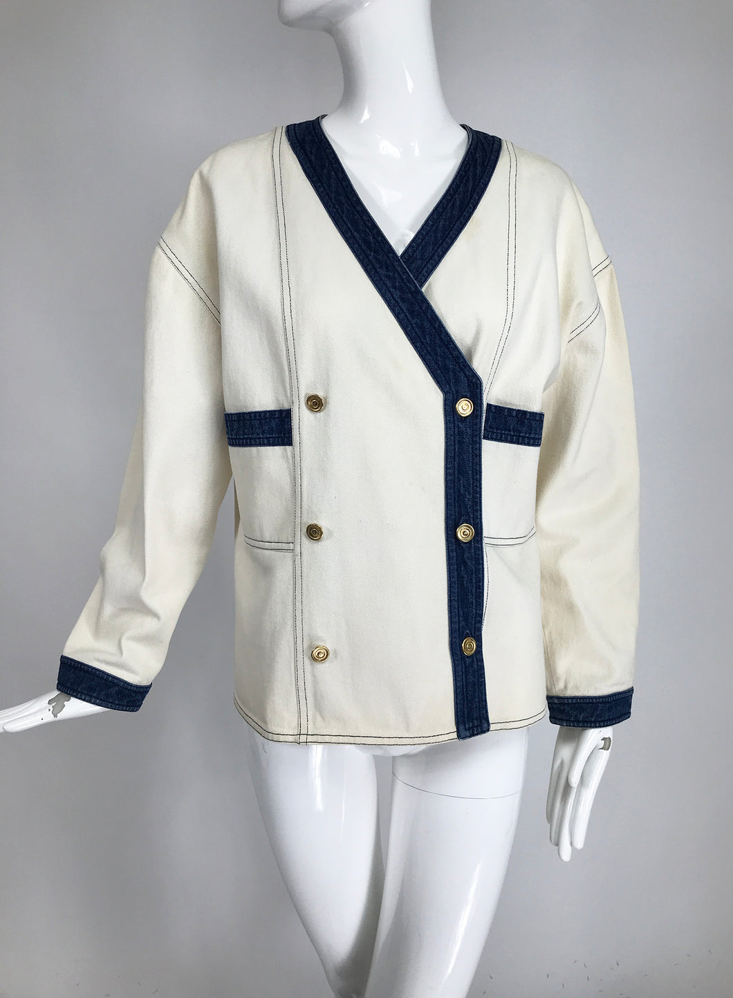 Vintage Chanel Canvas and Denim Double Breasted Jacket 1980s