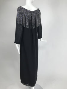 Pierre Cardin Couture Black Slub Silk Rhinestone Car Wash Bib Gown 1960s