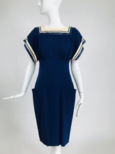 Vintage Bernard Perris Paris Demi Couture Navy Blue Nautical Dress 1980s