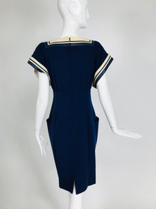 Vintage Bernard Perris Paris Demi Couture Navy Blue Nautical Dress 1980s