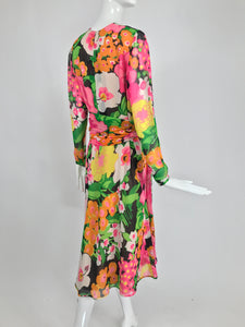 Pierre Balmain Haute Couture Pieced Silk Vibrant Floral Dress and Sash