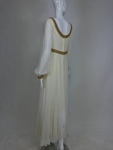SOLD Cream double layer silk chiffon maxi dress with gold braid trim 1970s