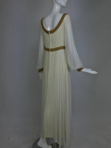 SOLD Cream double layer silk chiffon maxi dress with gold braid trim 1970s
