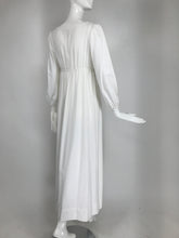 Vintage White Cotton Boho Empire Plunge V Maxi Dress 1970s
