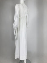 Vintage White Cotton Boho Empire Plunge V Maxi Dress 1970s