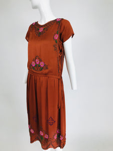 Vintage 1920s copper silk satin beaded flapper dress