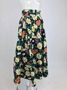 SOLD Emanuel Ungaro Cotton Floral Butterfly Print High Waist Full Skirt 1980s