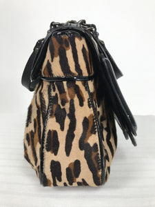 Fendi Leopard Print Calf Hair and Black Patent Leather B Bag