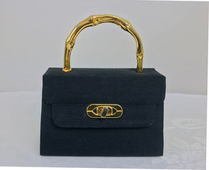 SOLD Vintage Black Silk Gold Hardware Mini Evening Bag 1960s