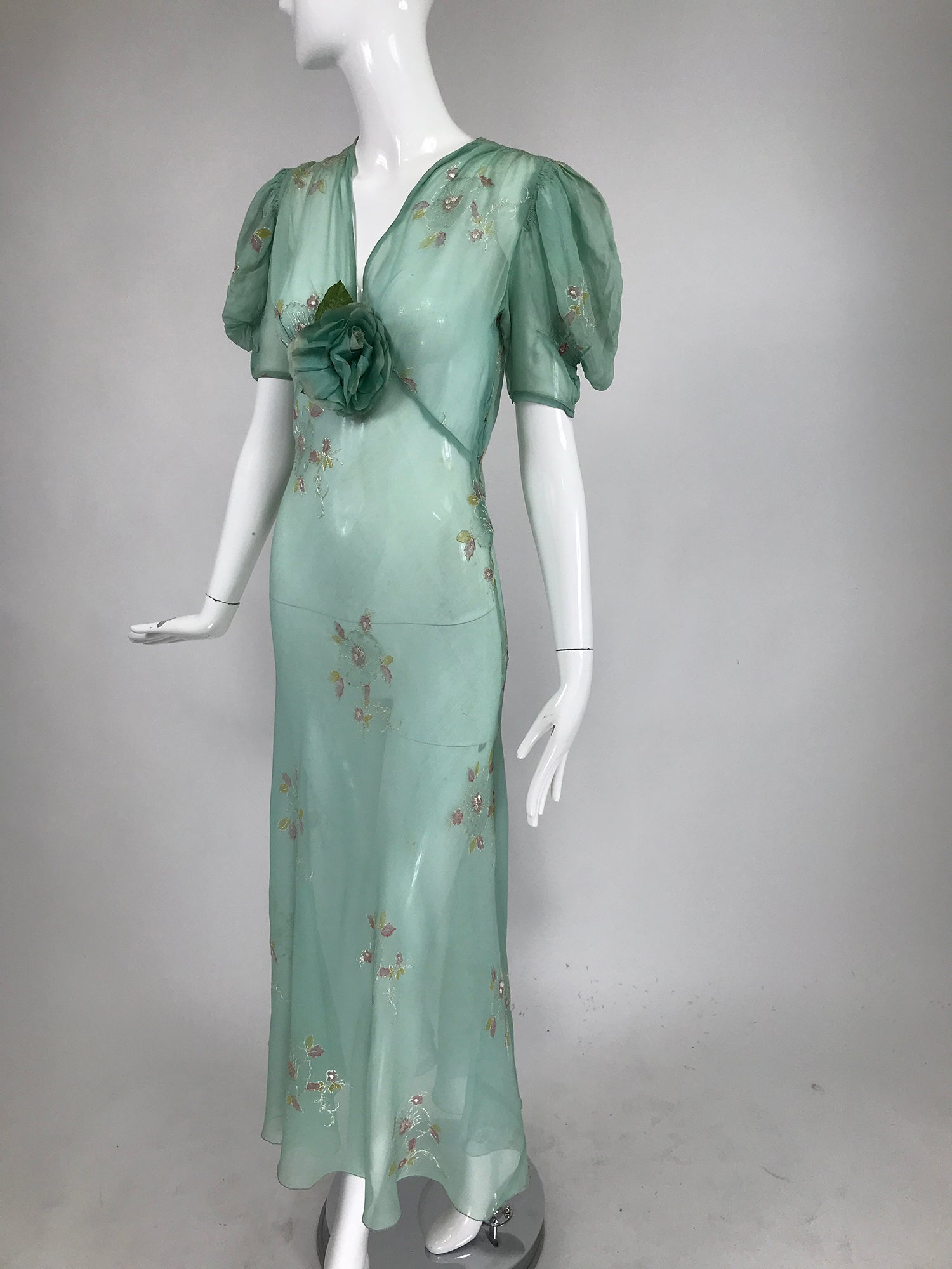 SOLD 1930s Mint Green Sheer Silk Chiffon Hand Embroidered Bias Cut Max – Palm Beach Vintage