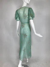 SOLD 1930s Mint Green Sheer Silk Chiffon Hand Embroidered Bias Cut Maxi Dress Vintage
