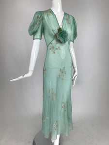 SOLD 1930s Mint Green Sheer Silk Chiffon Hand Embroidered Bias Cut Maxi Dress Vintage