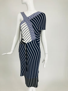 Emilio Pucci Blue & White Mixed Pattern Knit One Shoulder Asymmetrical Dress