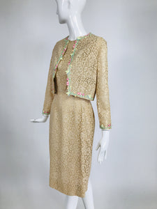 1960s Beige Lace Sleeveless Sheath Dress & Flower Applique Trim Bolero