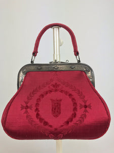 SOLD Roberta di Camerino red silk cut velvet metal frame handbag