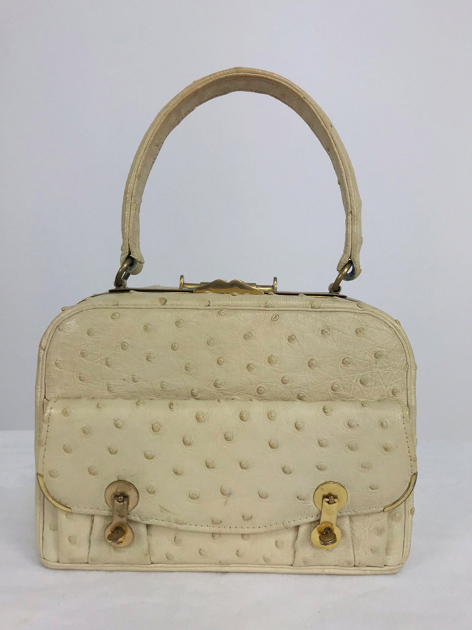 Cream Ostrich Leather Frame Gold Hardware Handbag, 1960s – Palm Beach  Vintage