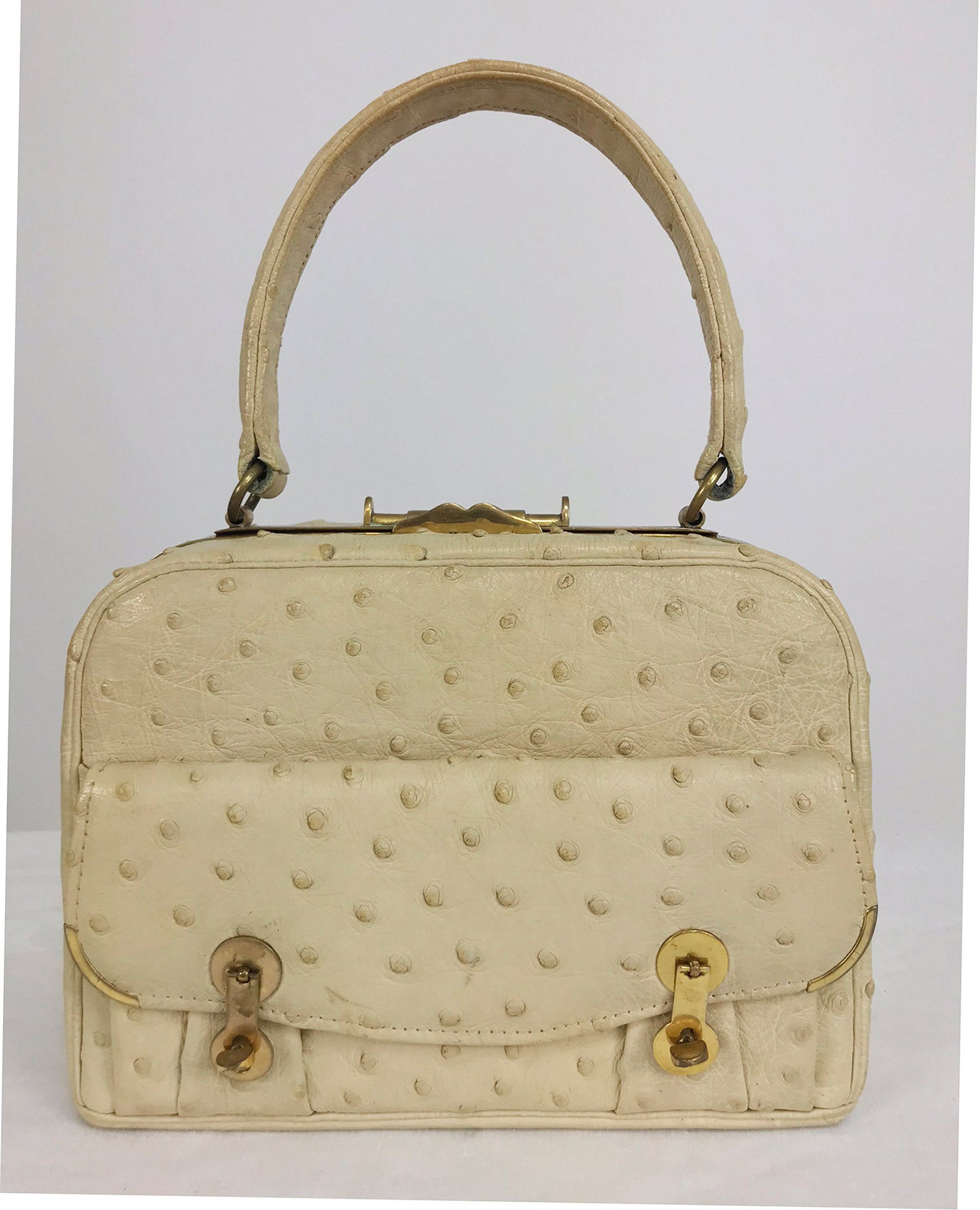 Cream Ostrich Leather Frame Gold Hardware Handbag, 1960s – Palm Beach  Vintage