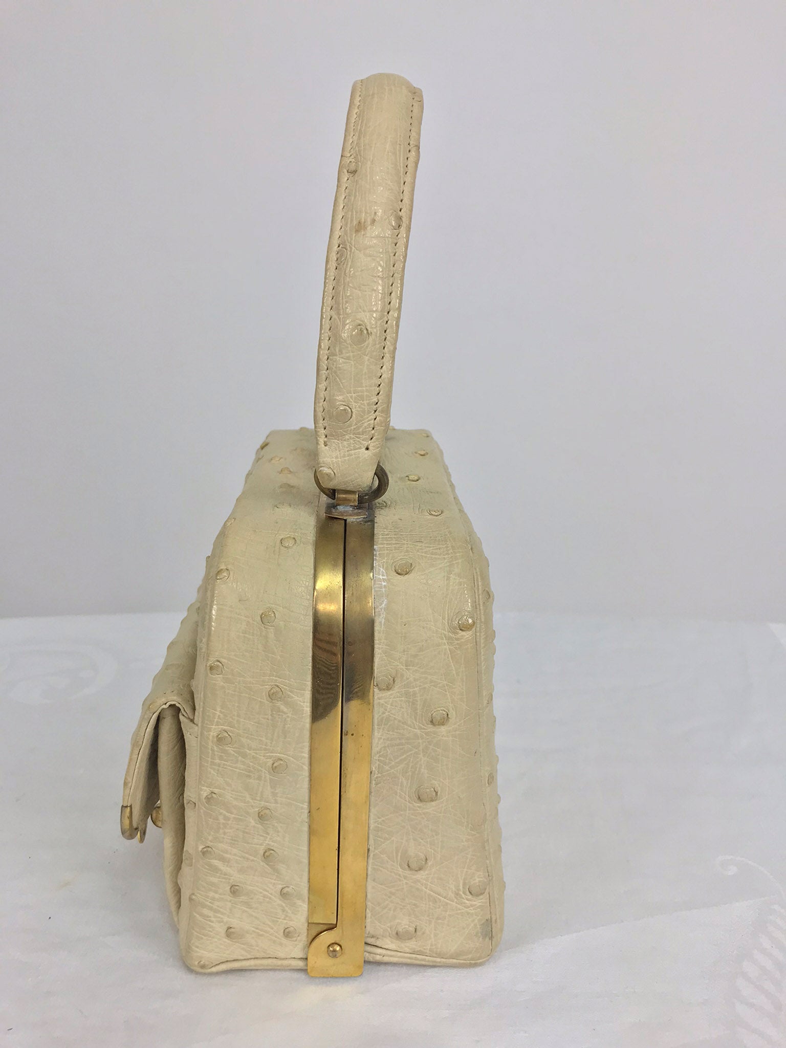 Cream Ostrich Leather Frame Gold Hardware Handbag, 1960s – Palm