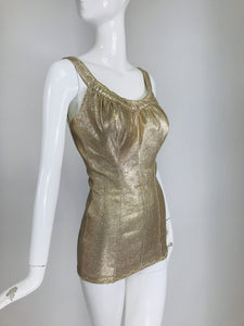 De Weese Designs 1950s Gold Metallic & Rhinestone Pin Up Swimsuit 14/36