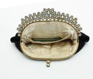 SOLD Josef black caviar beaded rhinestone jewel frame evening bag handbag 1950s