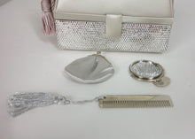 SOLD Judith Leiber silver satin & Swarovski crystal two tier minaudiere evening bag