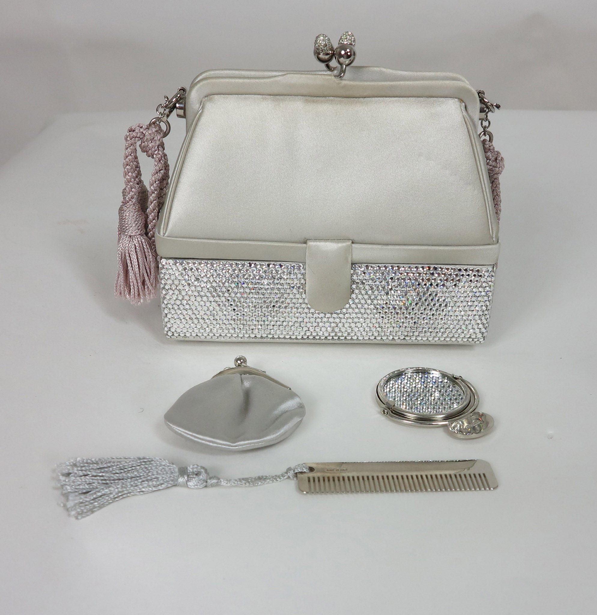 Silver Satin Swarovski Crystal Clutch Purse Handbag