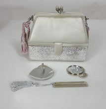 SOLD Judith Leiber silver satin & Swarovski crystal two tier minaudiere evening bag