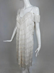 SOLD Joy Stevens off-white V fringe cocktail dress 1970s