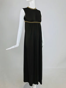 Vintage John Charles of London Empire Sleeveless Jersey Maxi Dress with Gold Studs 1970s