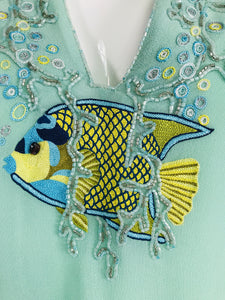 Jeannie McQueeny Aqua Silk Hand Embroidered Angel & Coral Fish Caftan