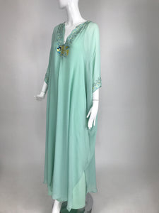 SOLD Jeannie McQueeny Aqua Silk Hand Embroidered Angel & Coral Fish Caftan