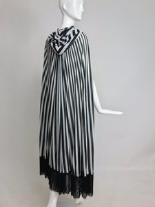 SOLD Vintage Gottex Black and White Stripe Hooded Cape with Fringe 1980s