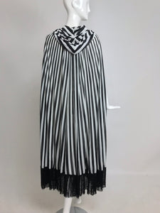 SOLD Vintage Gottex Black and White Stripe Hooded Cape with Fringe 1980s