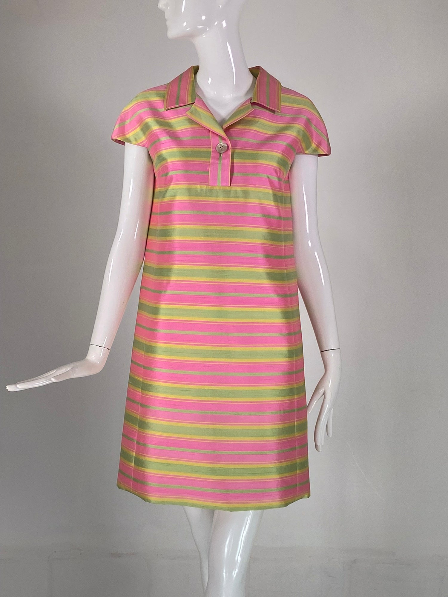 SOLD 1960s Pink Yellow Green Stripe Slub Silk Cap Sleeve Princess Seam Palm Beach Vintage SOLD 1960s Pink Yellow Green Stripe Slub Silk Cap Sleeve Princess Seam Palm Beach Vintage