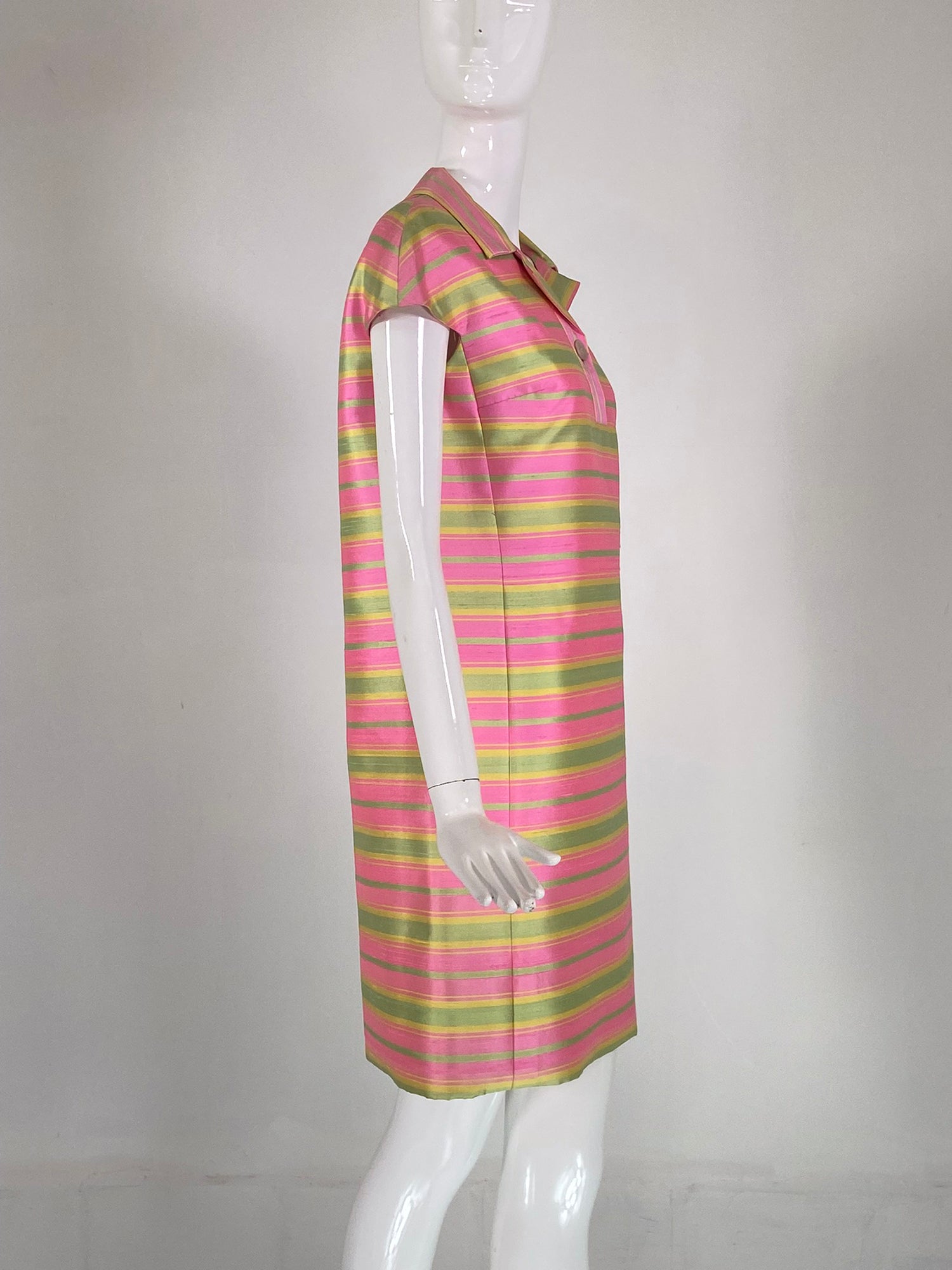 SOLD 1960s Pink Yellow Green Stripe Slub Silk Cap Sleeve Princess Seam Palm Beach Vintage SOLD 1960s Pink Yellow Green Stripe Slub Silk Cap Sleeve Princess Seam Palm Beach Vintage