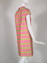 1960s Pink Yellow Green Stripe Slub Silk Cap Sleeve Princess Seam Dress
