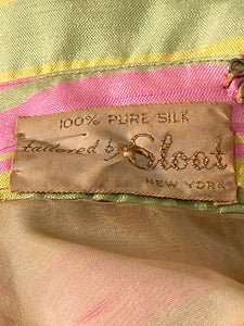 SOLD 1960s Pink Yellow Green Stripe Slub Silk Cap Sleeve Princess Seam Dress