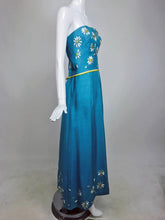 SOLD Philip Hulitar Daisy Embroidered Blue Slub Silk Strapless Gown 1950s