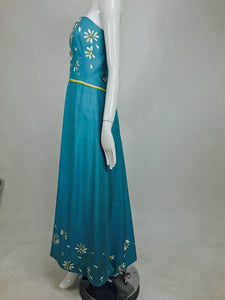 SOLD Philip Hulitar Daisy Embroidered Blue Slub Silk Strapless Gown 1950s