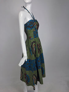 Vintage Miss Hawaii by Kamehameha batik print halter neck dress 1950s