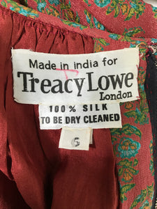 Treacy Lowe London Rare Hand Smocked Silk Print Maxi Dress 1970s