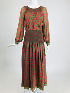 Treacy Lowe London Rare Hand Smocked Silk Print Maxi Dress 1970s