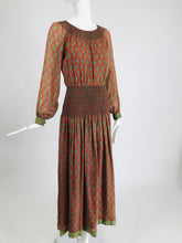 Treacy Lowe London Rare Hand Smocked Silk Print Maxi Dress 1970s