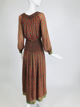 Treacy Lowe London Rare Hand Smocked Silk Print Maxi Dress 1970s